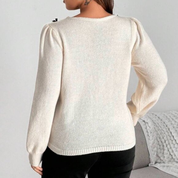 Coquette Ivory and Black Bows Bishop Sleeve Round Neck Sweater 1XL - Picture 3 of 10